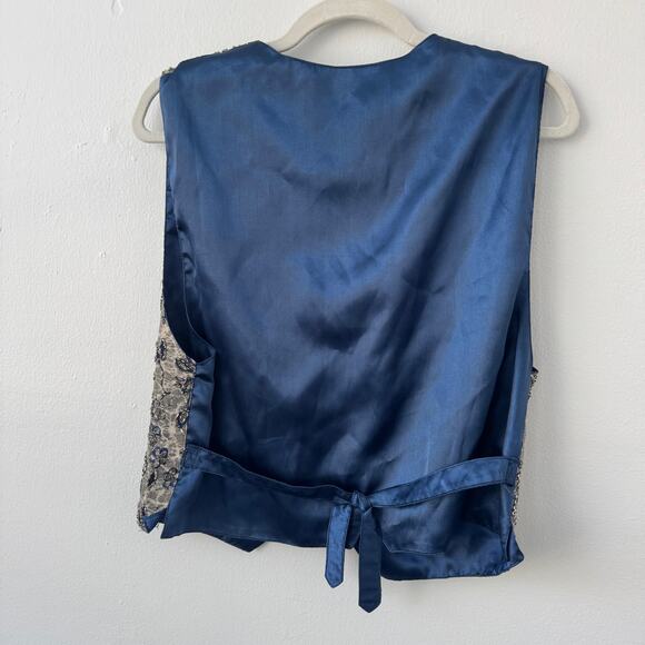Vintage Hand Beaded Floral Silver and Blue Button Vest - Picture 2 of 7